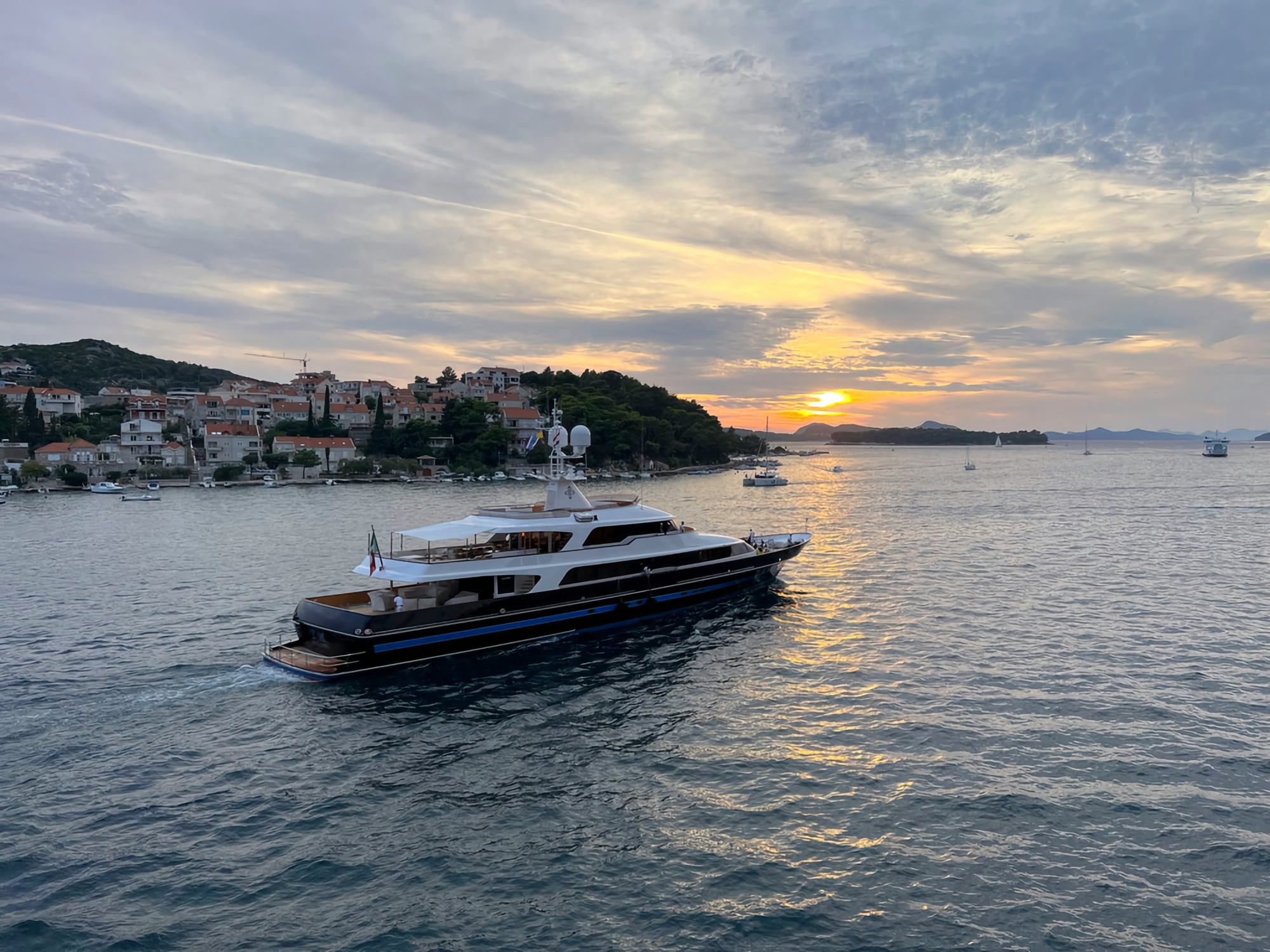 Crewed charter yacht at anchor in the Mediterranean